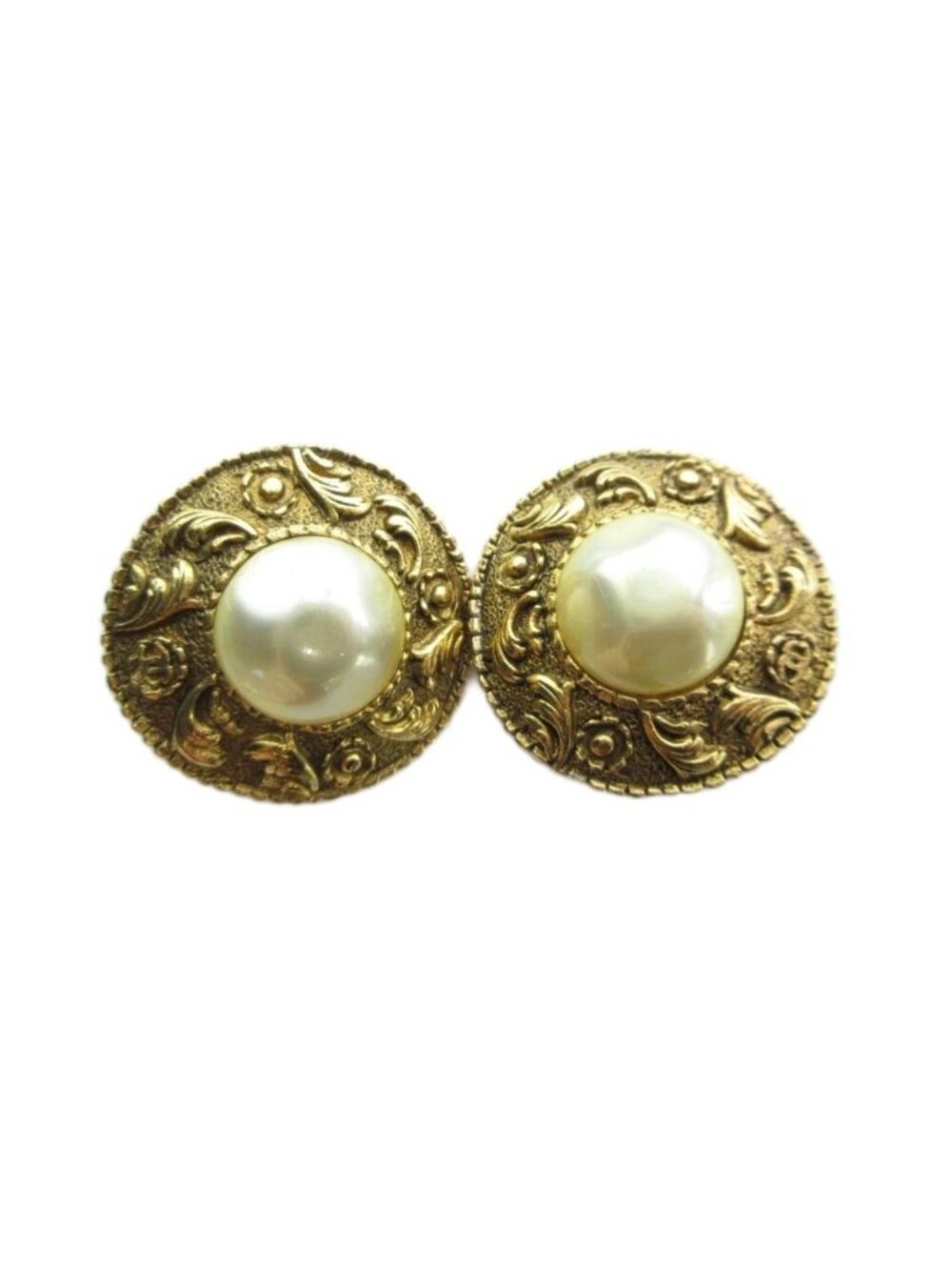 Chanel 91P Vintage Earrings Clip on Faux Pearl Logo Gold